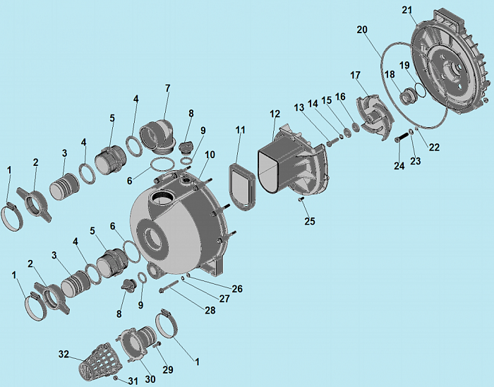2 КОРПУС - УЛИТКА -САЛЬНИК - КРЫЛЬЧАТКА МОТОПОМПА CHAMPION GP55